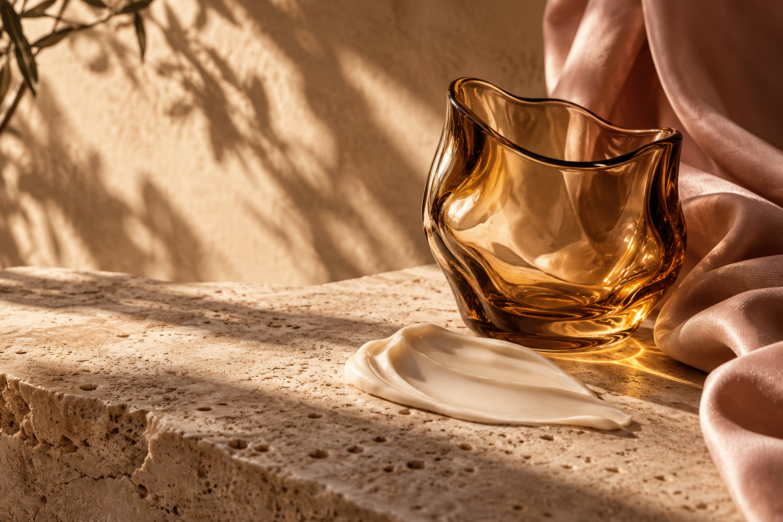 Warm glass, soft silk and a cream texture in an editorial still life